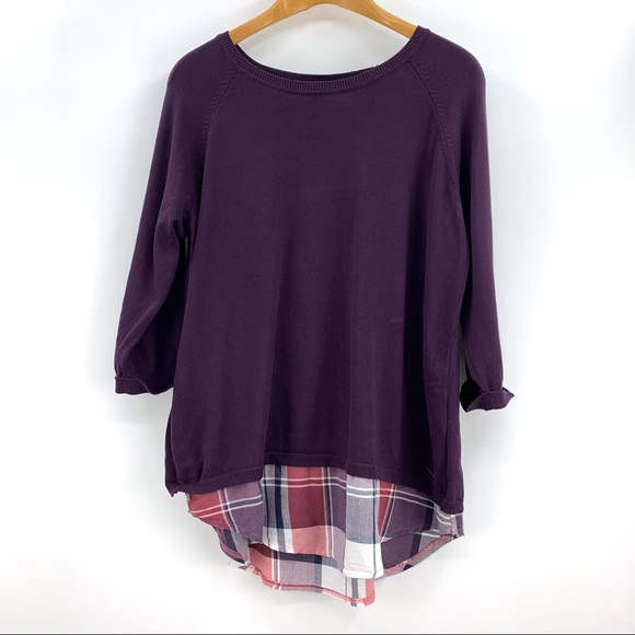Coupe Collection Purple and Plaid Layered Look 3/4 Sleeve Sweater, Large - Picture 11 of 15